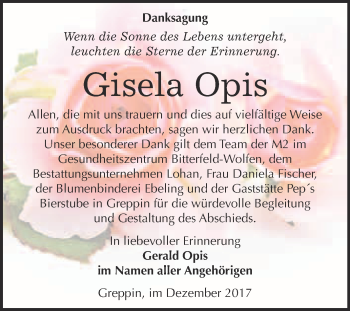 Traueranzeige von Gisela Opis von WVG - Wochenspiegel Bitterfeld