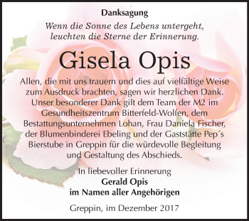 Traueranzeige von Gisela Opis von Mitteldeutsche Zeitung Bitterfeld