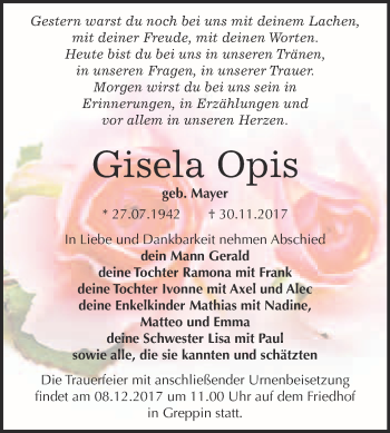 Traueranzeige von Gisela Opis von WVG - Wochenspiegel Bitterfeld