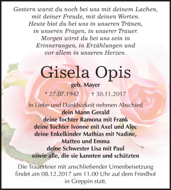 Traueranzeige von Gisela Opis von Mitteldeutsche Zeitung Bitterfeld