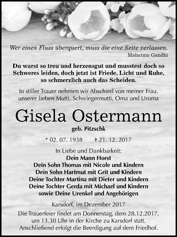  Traueranzeige für Gisela Ostermann vom 23.12.2017 aus Mitteldeutsche Zeitung