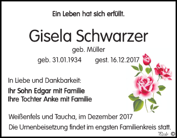 Traueranzeige von Gisela Schwarzer von Mitteldeutsche Zeitung Weißenfels