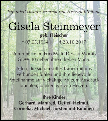 Traueranzeige von Gisela Steinmeyer von WVG - Wochenspiegel Dessau / Köthen