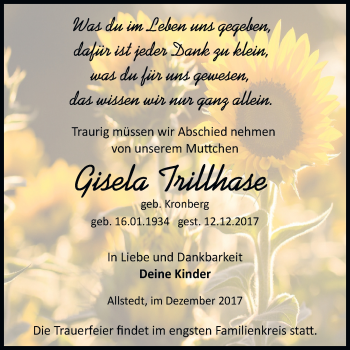 Traueranzeige von Gisela Trillhase von Mitteldeutsche Zeitung