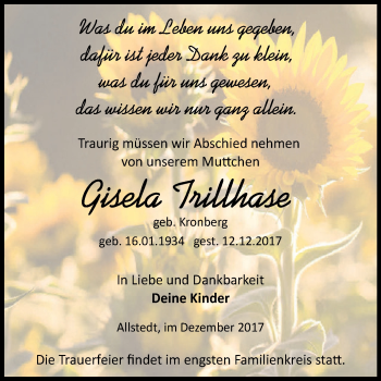 Traueranzeige von Gisela Trillhase von Super Sonntag SGH Mansf. Land