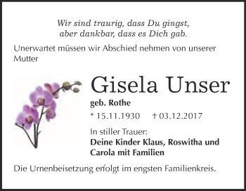 Traueranzeige von Gisela Unser von WVG - Wochenspiegel Bitterfeld