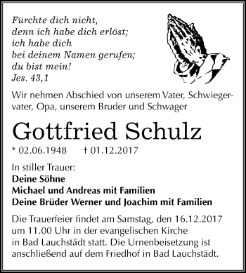 Traueranzeige von Gottfried Schulz von Mitteldeutsche Zeitung Merseburg/Querfurt