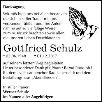 Traueranzeige von Gottfried Schulz von Mitteldeutsche Zeitung Merseburg/Querfurt