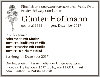 Traueranzeige von Günter Hoffmann von Super Sonntag Bernburg