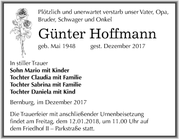 Traueranzeige von Günter Hoffmann von Mitteldeutsche Zeitung Bernburg