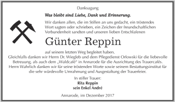 Traueranzeige von Günter Reppin von Wochenspiegel Mansfelder Land