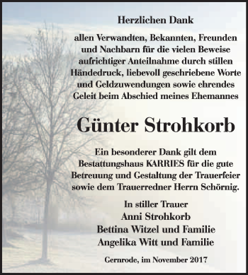 Traueranzeige von Günter Strohkorb von WVG - Wochenspiegel Quedlinburg