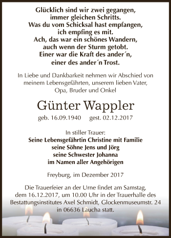 Traueranzeige von Günter Wappler von WVG - Wochenspiegel NMB / WSF / ZTZ