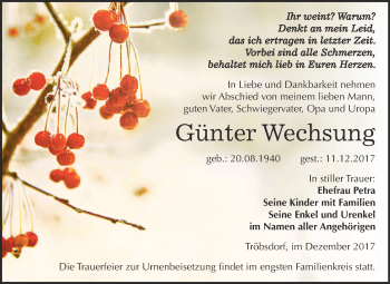 Traueranzeige von Günter Wechsung von WVG - Wochenspiegel NMB / WSF / ZTZ