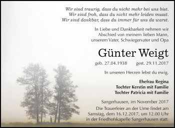 Traueranzeige von Günter Weigt von Super Sonntag SGH Mansf. Land