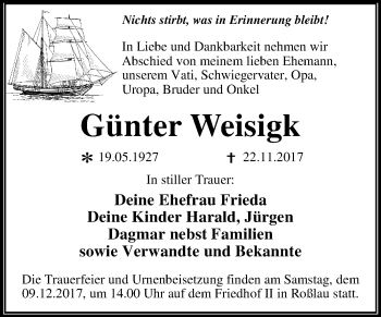 Traueranzeige von Günter Weisigk von Mitteldeutsche Zeitung Dessau-Roßlau