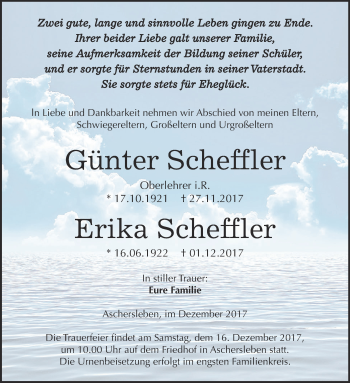 Traueranzeige von Günter und Erika Scheffler von Super Sonntag Aschersleben