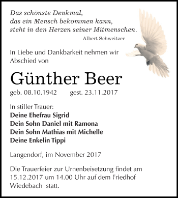 Traueranzeige von Günther Beer von WVG - Wochenspiegel NMB / WSF / ZTZ