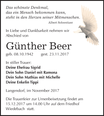 Traueranzeige von Günther Beer von Mitteldeutsche Zeitung Weißenfels