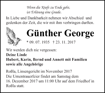 Traueranzeige von Günther George von Super Sonntag SGH Mansf. Land