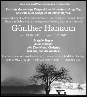 Traueranzeige von Günther Hamann von Mitteldeutsche Zeitung Bernburg
