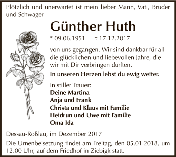 Traueranzeige von Günther Huth von WVG - Wochenspiegel Dessau / Köthen