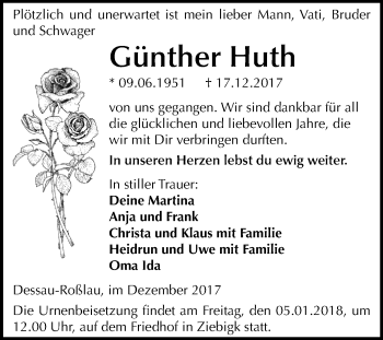 Traueranzeige von Günther Huth von Mitteldeutsche Zeitung Dessau-Roßlau