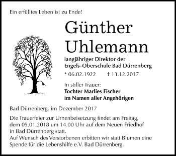 Traueranzeige von Günther Uhlemann von Mitteldeutsche Zeitung Merseburg/Querfurt