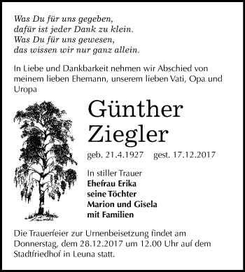 Traueranzeige von Günther Ziegler von Mitteldeutsche Zeitung