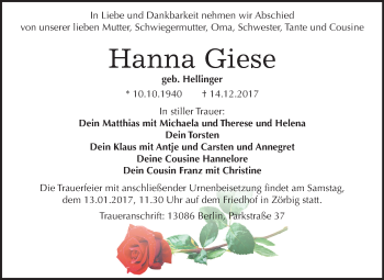 Traueranzeige von Hanna Giese von Mitteldeutsche Zeitung Bitterfeld
