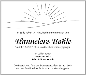 Traueranzeige von Hannelore Bohle von Mitteldeutsche Zeitung Merseburg/Querfurt