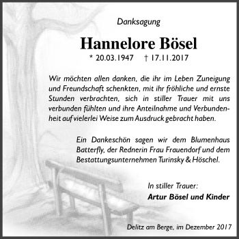 Traueranzeige von Hannelore Bösel von Mitteldeutsche Zeitung Merseburg/Querfurt
