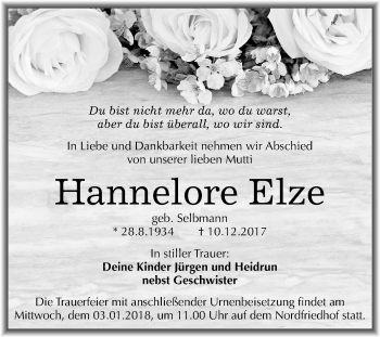 Traueranzeige von Hannelore Elze von Mitteldeutsche Zeitung Halle/Saalkreis
