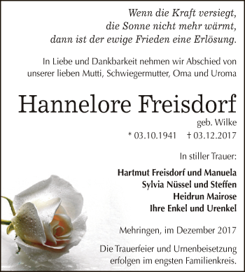 Traueranzeige von Hannelore Freisdorf von Super Sonntag Aschersleben