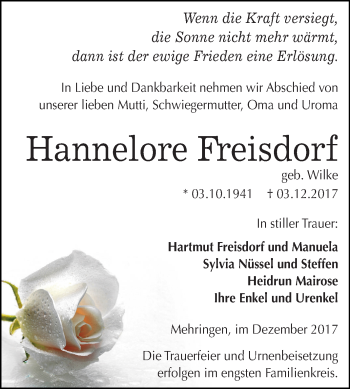 Traueranzeige von Hannelore Freisdorf von Mitteldeutsche Zeitung Aschersleben