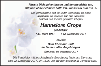 Traueranzeige von Hannelore Grope von WVG - Wochenspiegel Quedlinburg