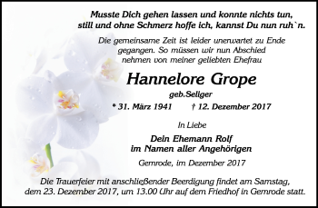 Traueranzeige von Hannelore Grope von Mitteldeutsche Zeitung Quedlinburg