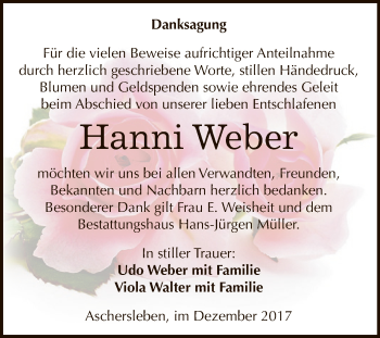 Traueranzeige von Hanni Weber von Super Sonntag Aschersleben