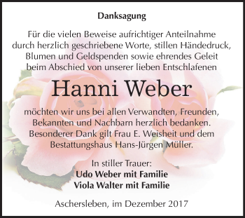 Traueranzeige von Hanni Weber von Mitteldeutsche Zeitung Aschersleben