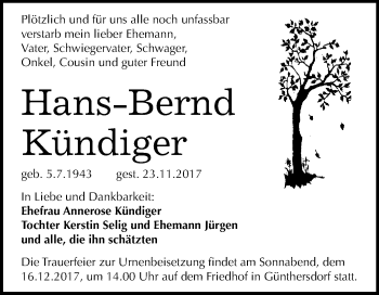 Traueranzeige von Hans-Bernd Kündiger von WVG - Wochenspiegel Merseburg