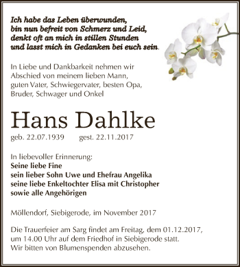 Traueranzeige von Hans Dahlke von Wochenspiegel Mansfelder Land