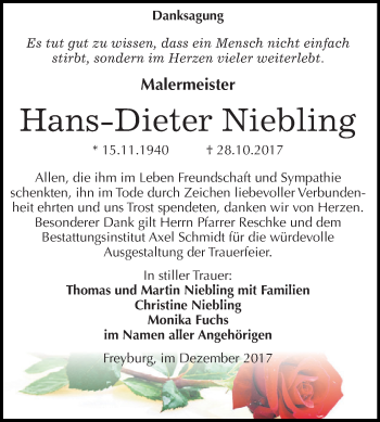 Traueranzeige von Hans-Dieter Niebling von WVG - Wochenspiegel NMB / WSF / ZTZ