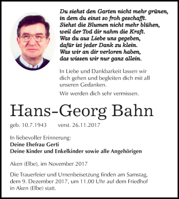 Traueranzeige von Hans-Georg Bahn von WVG - Wochenspiegel Dessau / Köthen