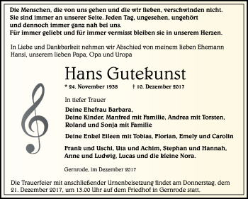 Traueranzeige von Hans Gutekunst von Mitteldeutsche Zeitung Quedlinburg