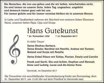 Traueranzeige von Hans Gutekunst von WVG - Wochenspiegel Quedlinburg