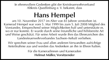 Traueranzeige von Hans Hempel von Mitteldeutsche Zeitung Quedlinburg