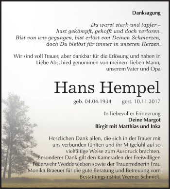Traueranzeige von Hans Hempel von Mitteldeutsche Zeitung Quedlinburg