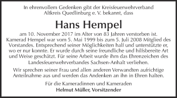 Traueranzeige von Hans Hempel von Super Sonntag Quedlinburg