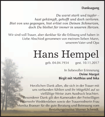 Traueranzeige von Hans Hempel von WVG - Wochenspiegel Quedlinburg