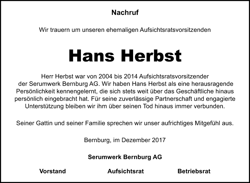  Traueranzeige für Hans Herbst vom 30.12.2017 aus Mitteldeutsche Zeitung Bernburg